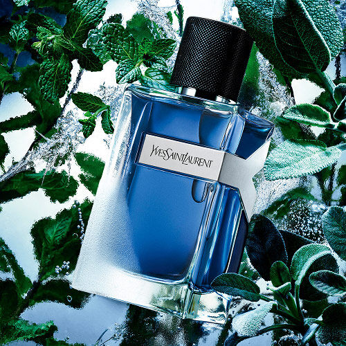 Flacone di YSL Y Eau de Toilette Intense Iced Cologne, con vetro smerigliato, circondato da foglie di menta vibranti e acqua ghiacciata.