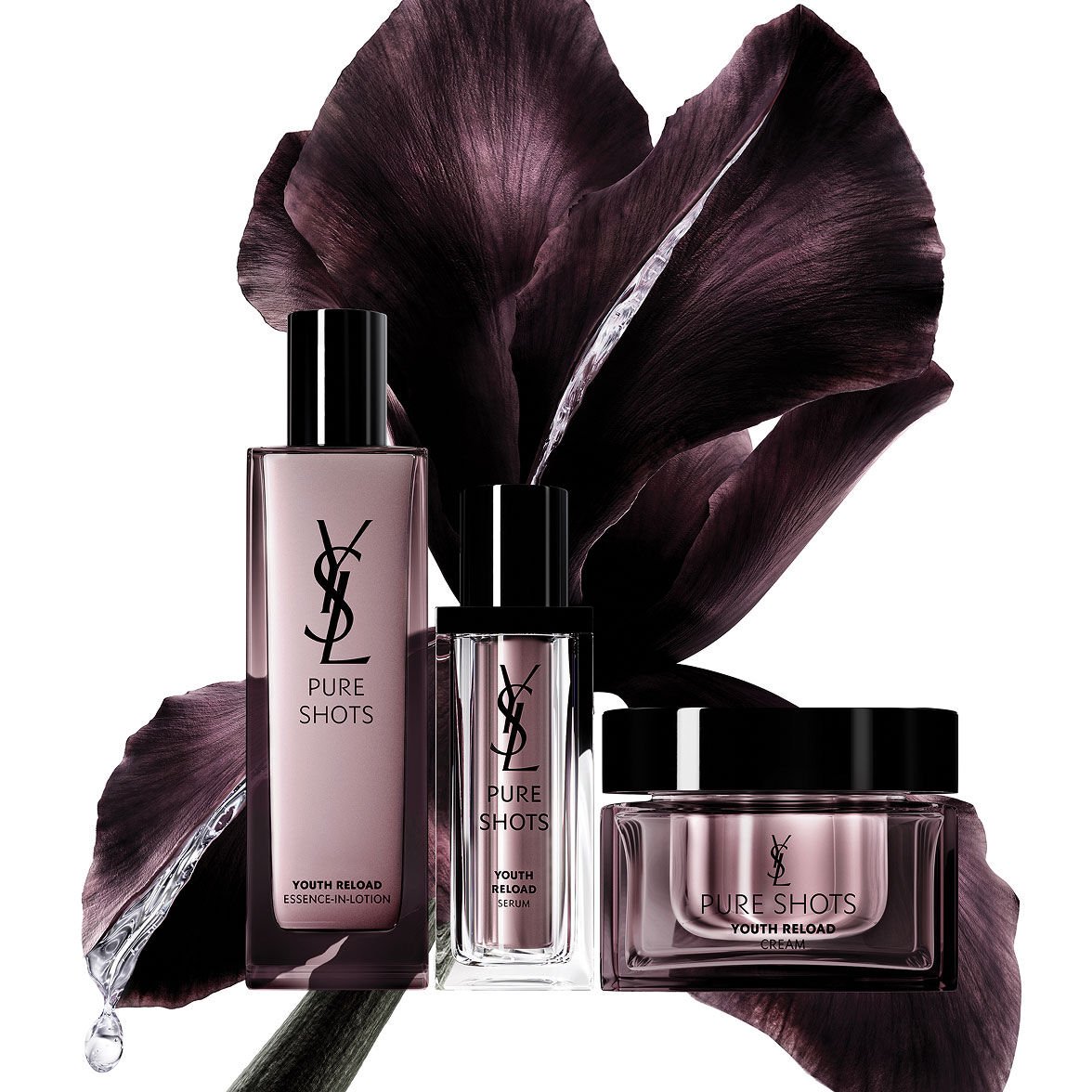 YSL Beauty Pure Shots Youth Reload Essence-in-Lotion, Serum, Cream con fiore di iris.