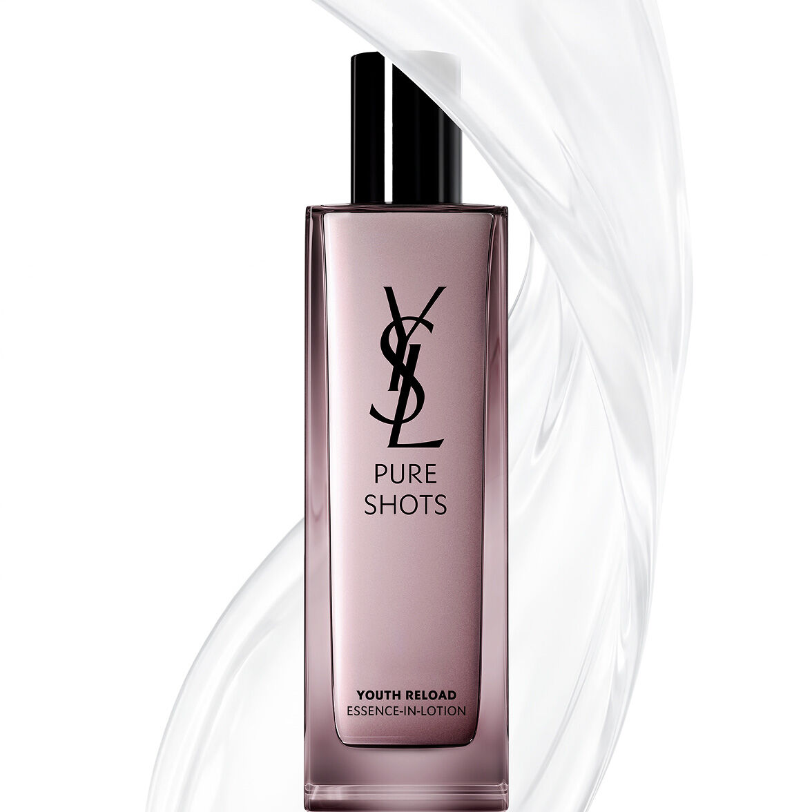Flacone di YSL Beauty Pure Shots Youth Reload Essence-in-Lotion, circondato da un vortice chiaro e dinamico della sua texture.
