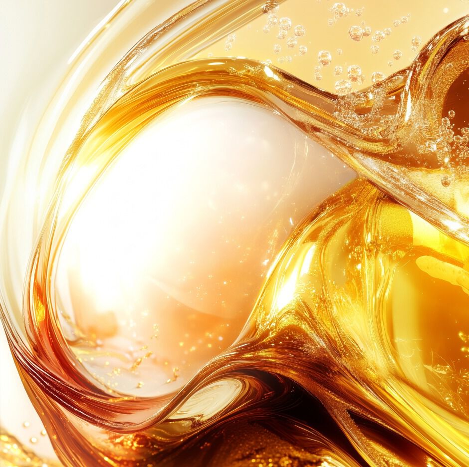 Focus sugli ingredienti della crema Eye Reboot Pure Shots di YSL: liquido dorato astratto con bolle, che rappresenta il Complesso di Caffeina e Vitamine.