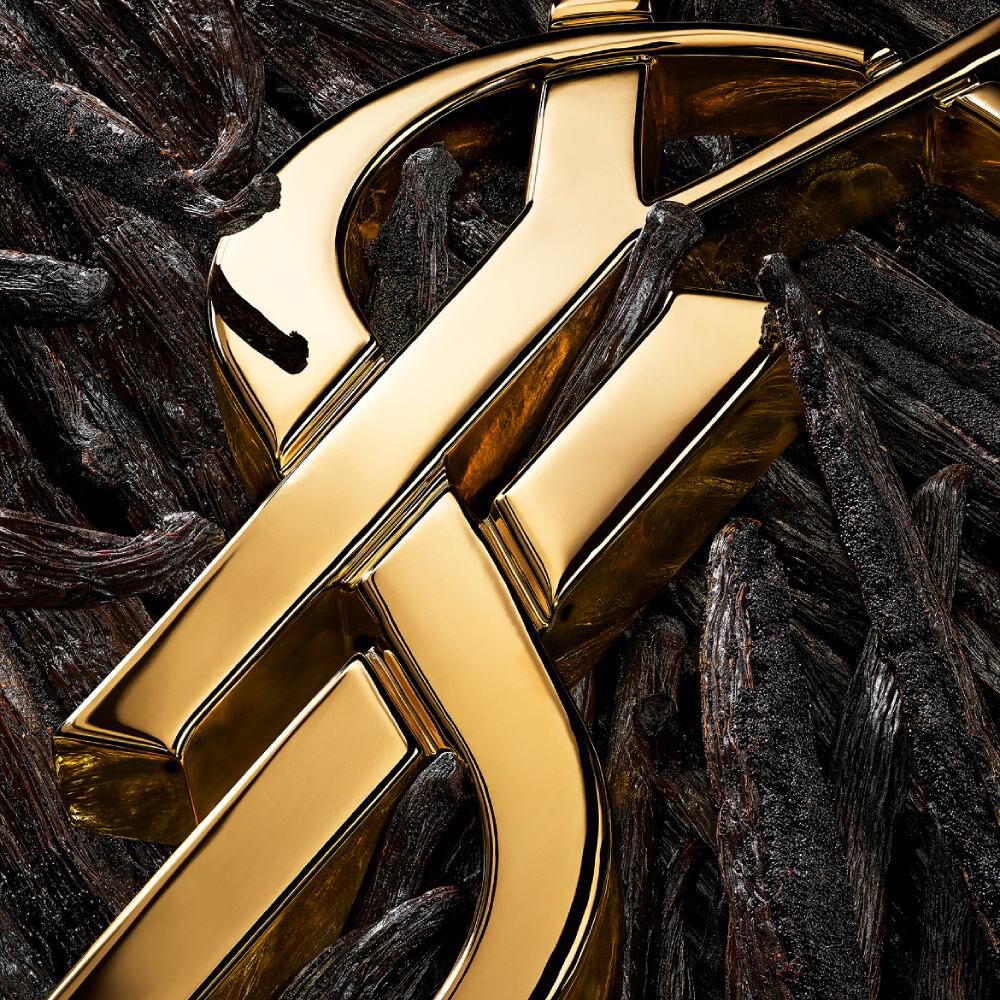 Primissimo piano stilizzato del logo YSL dorato su baccelli di vaniglia scuri, accentuando le texture.