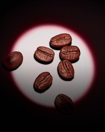 Un gruppo di chicchi di caffè tostati, illuminati da un cerchio di luce rosa su fondo scuro.